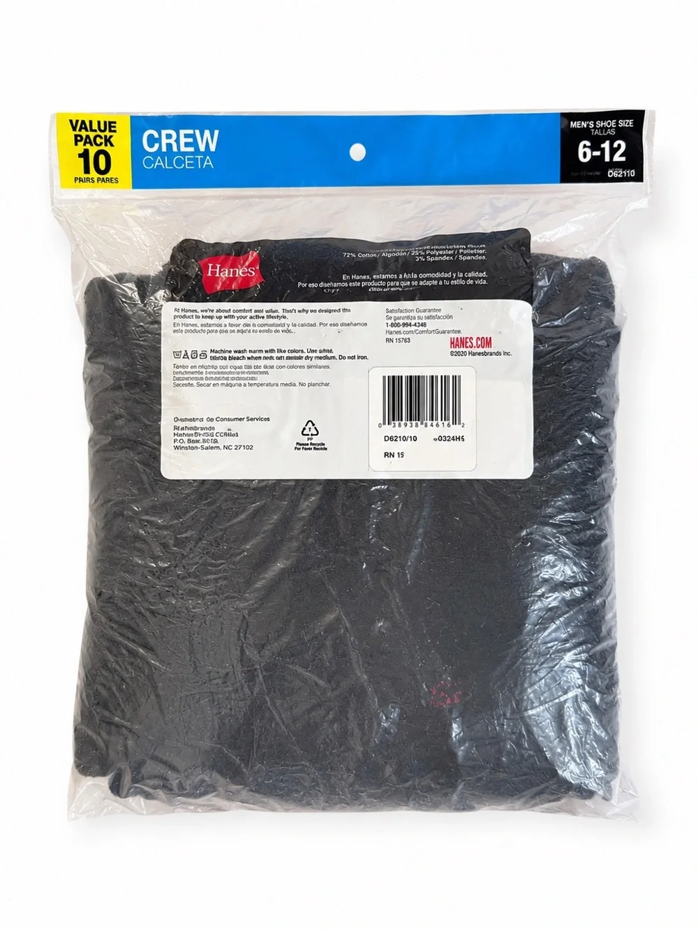 Hanes Black Cushion Comfort Crew Socks 10 Pair Pack Shoe Size 6-12 Sealed NWT